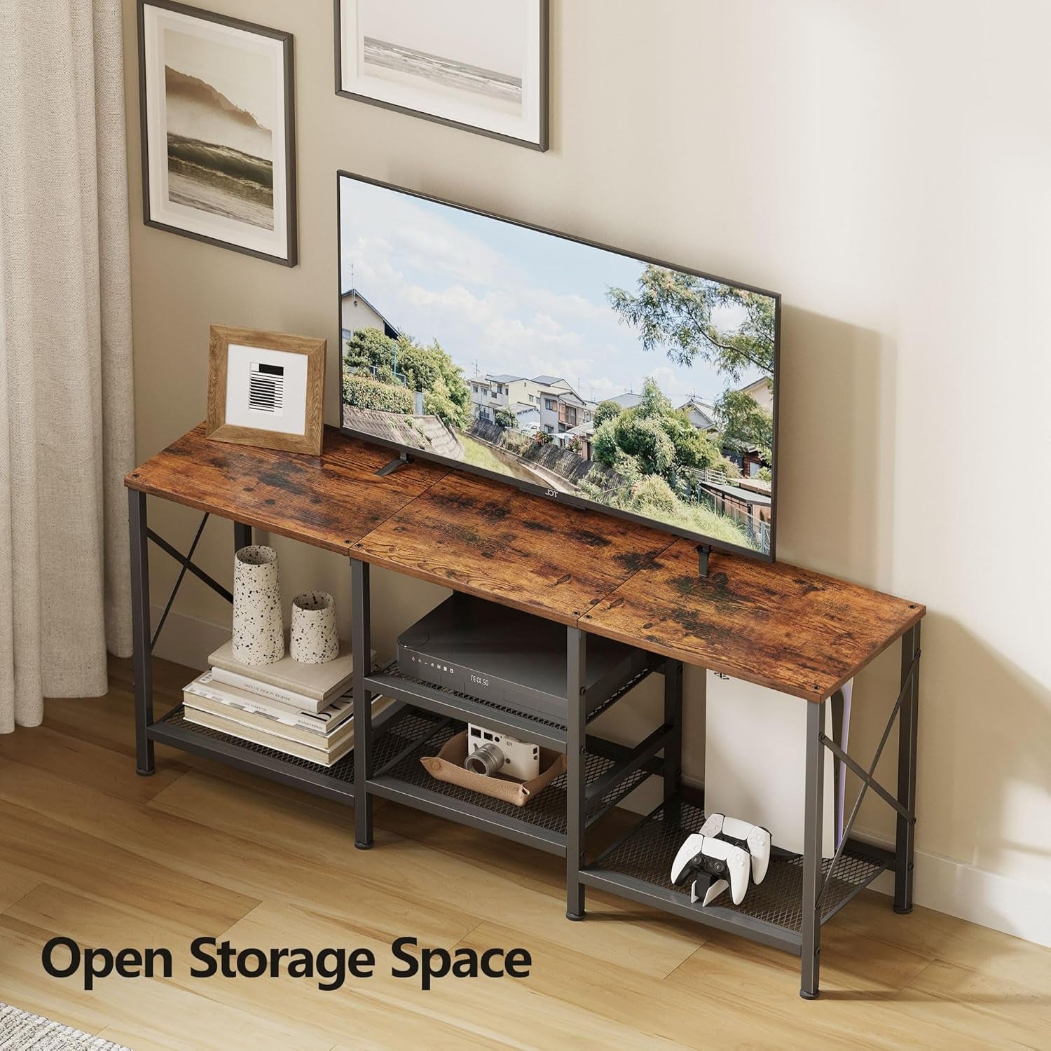 TV Stand for 55 Inch TV, Entertainment Center with 3-Tier Open Shelves, TV Console Table for Living Room, Bedroom, Rustic Brown
