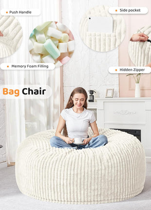 Large 3-Foot Bean Bag Chair for Adults with Striped Plush Cover and Memory Foam, Perfect for Living Room, Bedroom, or Dorm - White