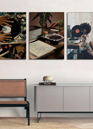 Contemporary Black Woman Wall Art Collection - Set of 3 Framed Canvas Prints Showcasing African American Music and Record Player Designs for Bedroom and Living Room, 12x16 Inches