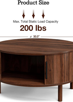 Contemporary Round Coffee Table with Storage Cabinets and Sliding Doors for Compact Living Areas, 29.9" Fluted Walnut Centerpiece