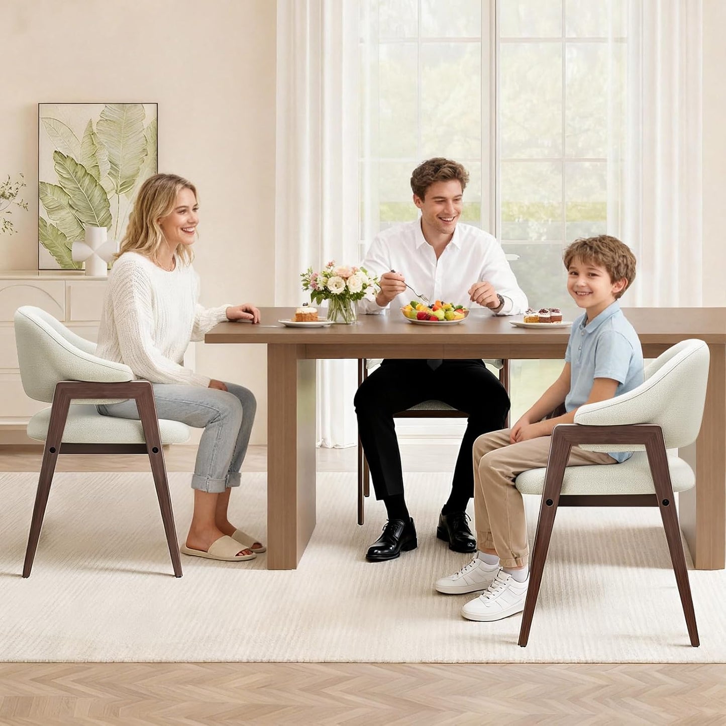 Wooden Dining Chairs Set of 4, Modern Fabric Upholstered Dining Room Chair, Kitchen Side Chairs, Farmhouse Dinner Chair with Curved Open Back for Kitchen, Beige