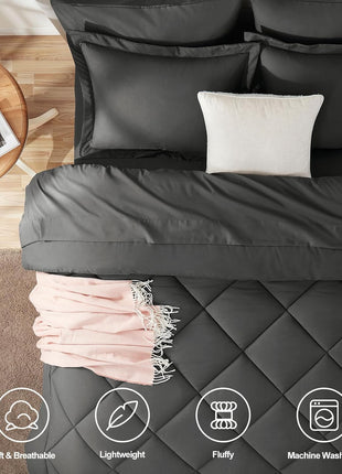Queen Size 7-Piece Dark Grey Comforter Set - Luxury Soft All-Season Bedding Set with Comforter, Sheets, Pillowcases, and Shams
