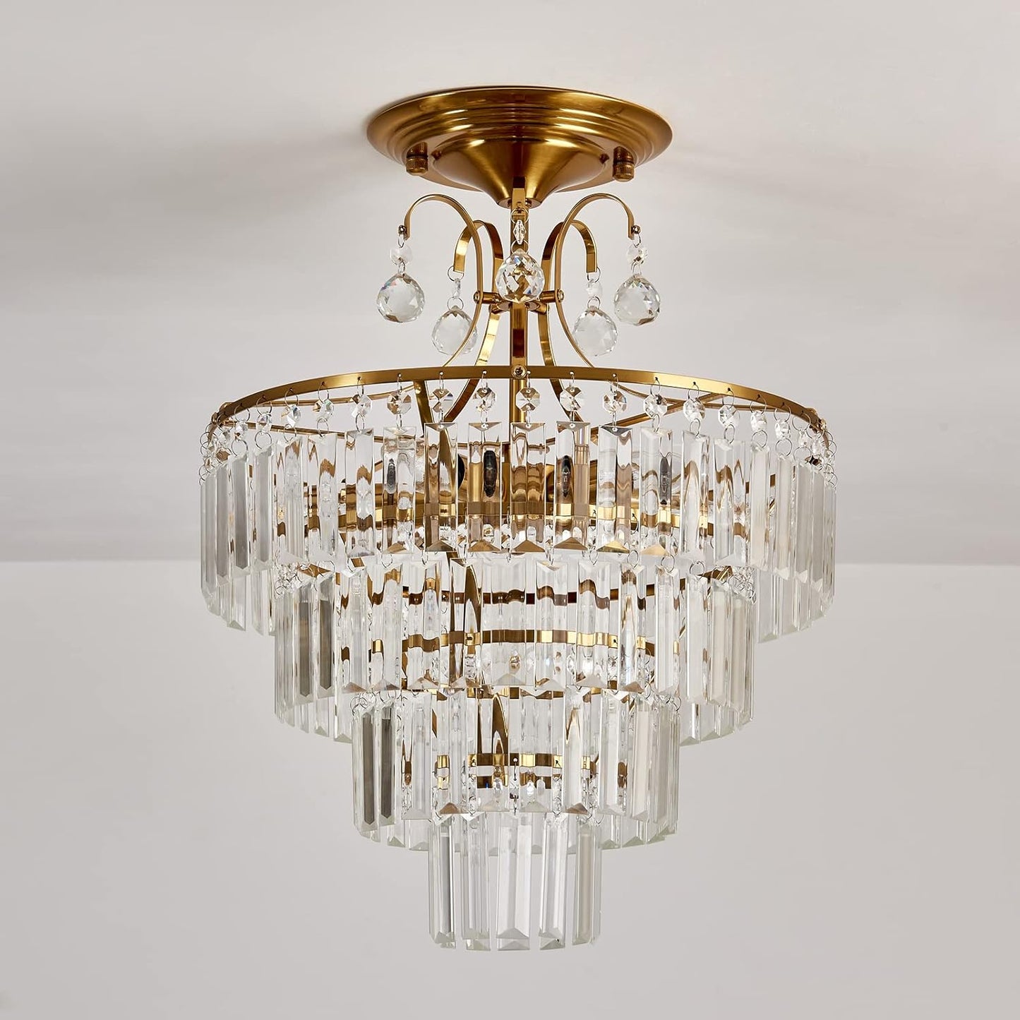 5 -Lights Crystal Gold Chandelier Fixture Modern Semi Flush Mount Ceiling Light with E12 Ceiling Lighting for Bedroom Living Room Kitchen Hallway Dining Room,D15.35 X H20.07