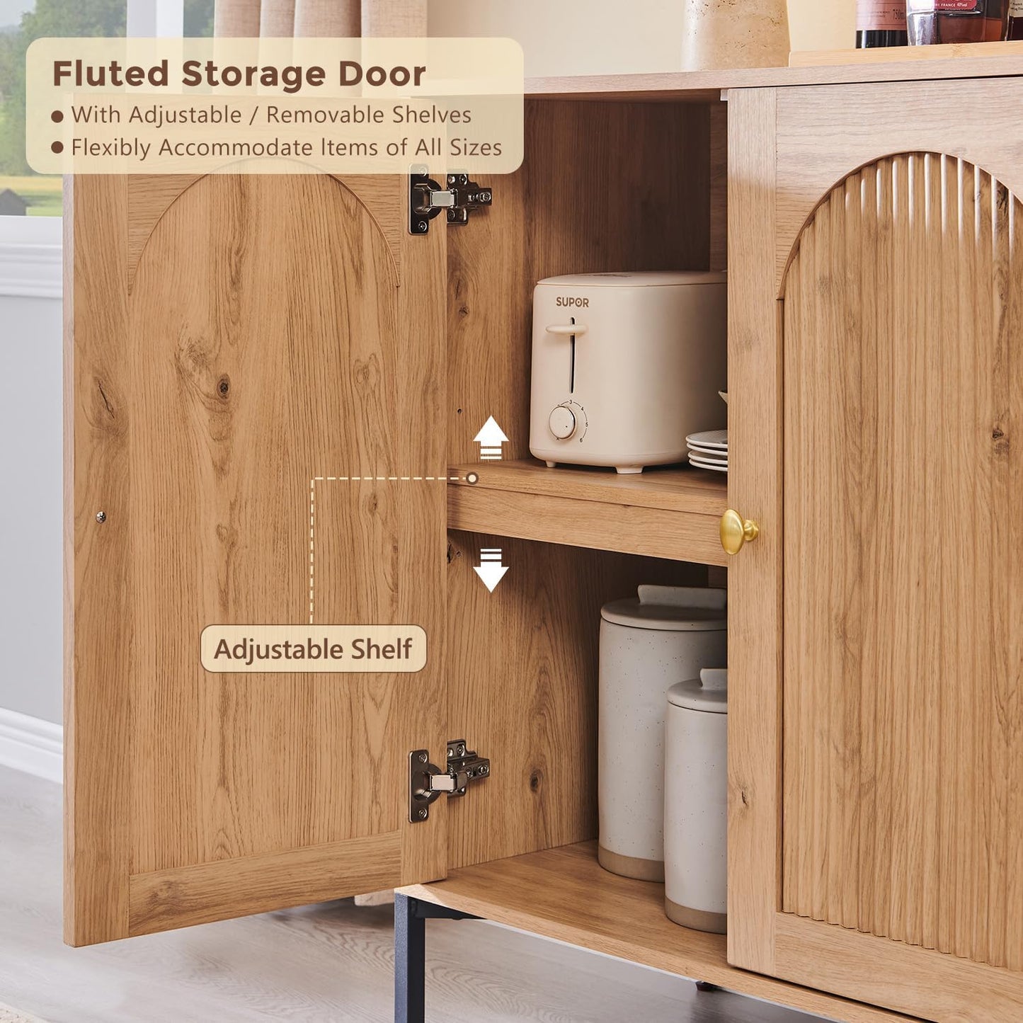 Modern Buffet Cabinet with Storage, 61.75" W Fluted Arched Sideboard Cabinet W/Adjustable Shelves, Wooden Modular Coffee Bar for Dining Room, Kitchen, Living Room, Entryway, Natural