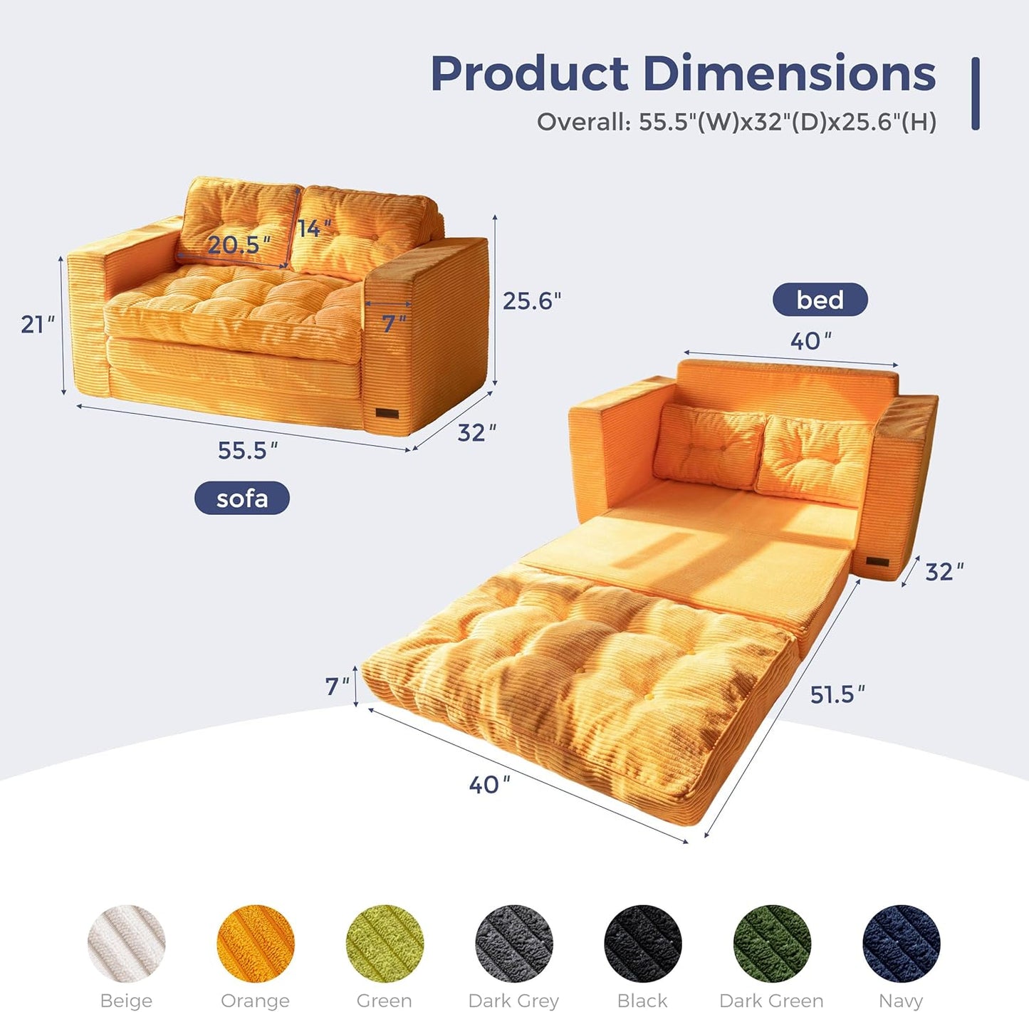 Convertible Sofa Bed, Pull Out Loveseat Sleeper Sofa, 2 in 1 Folding Couch Bed, Fold Out Floor Couch with Pillows for Living Room Bedroom Lounge, Orange