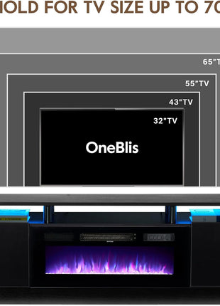 70-Inch Contemporary TV Stand and Entertainment Center for Living Room, Supports TVs up to 80 Inches, Features Storage Cabinet with Shelves, Includes 36-Inch Electric Fireplace with LED Flame (All Black)