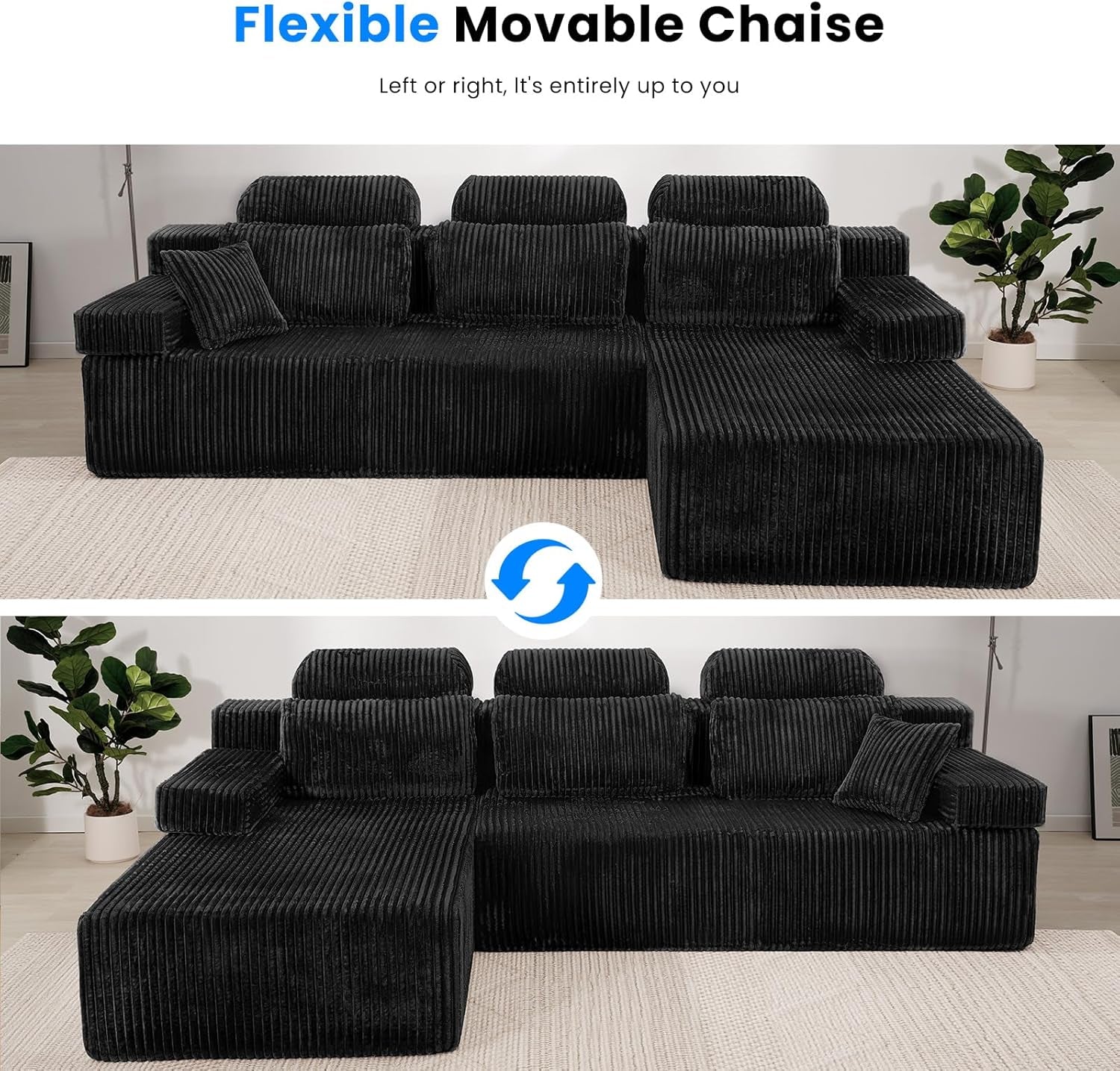 106’’ Sectional Couch with High Backrest, L-Shape Modular Sectional Sofa Convertible Left or Right Chaise, Cloud Corduroy, Boneless Couches Comfortable for Living Room(Black)