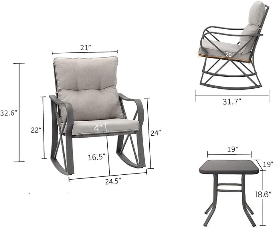 3 Piece Bistro Set Patio Rocking Chairs Outdoor Furniture W Warm Gray Cushions, Glass-Top Table for Garden, Pool, Backyard