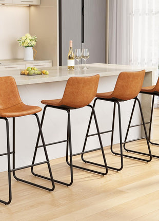 Set of 4 Contemporary PU Leather Counter Height Bar Stools, 26" Armless Dining Chairs with Metal Legs and Footrest in Brown
