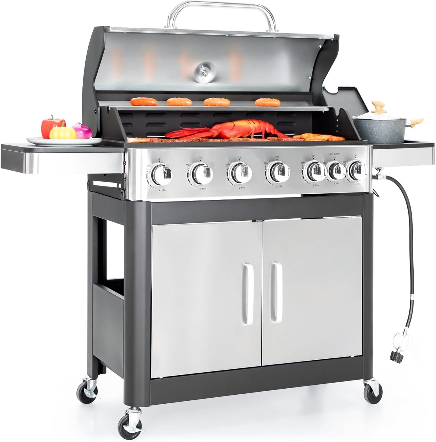 6-Burner Propane Gas BBQ Grill with Side Burner & Porcelain-Enameled Cast Iron Grate for Outdoor Kitchen & Backyard Barbecue, 65,800 BTU Output,665 SQ.IN. Cooking Area,Stainless Steel