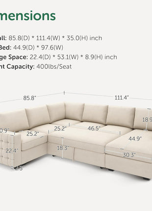 Elegant U-Shaped Sectional Sofa with Pull-Out Bed and Storage in Velvet Beige