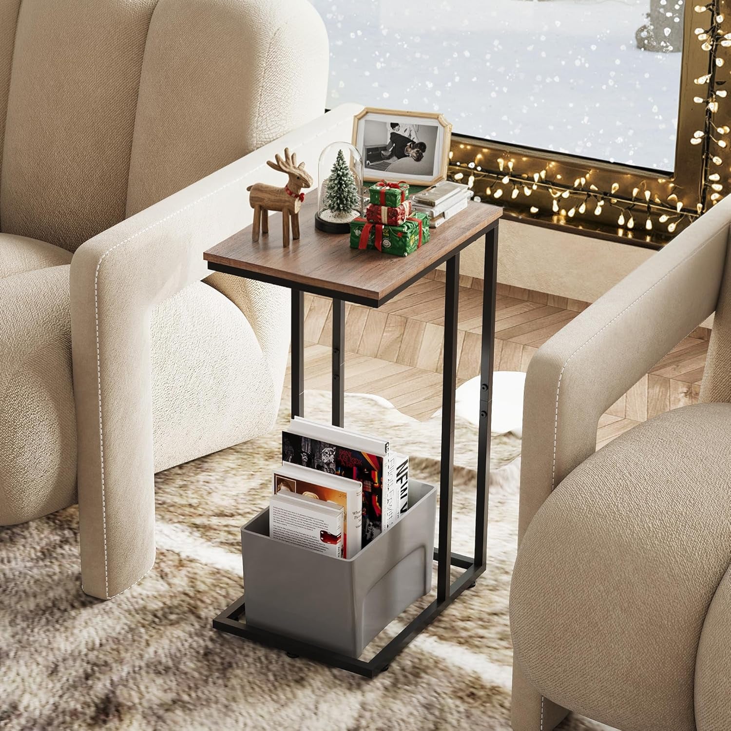 C Shaped End Table, Small Side Tables for Sofa and Bed, Couch Table That Slides under for Living Room, Bedroom, Home Office, Small Spaces