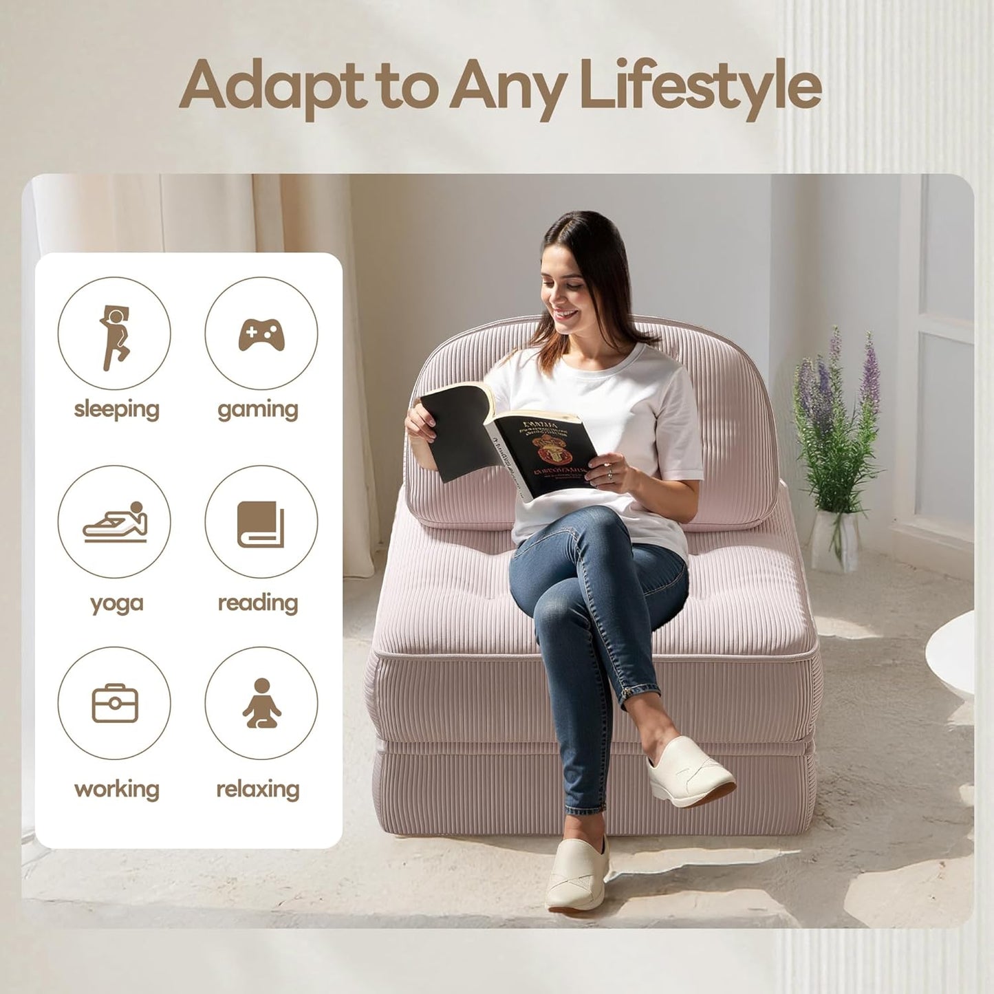 Folding Sofa Bed with Pillow, Convertible Comfy Couch Bed for Adults Home Lounge and Gaming, Modern Comfortable Design for Apartment Living Room Bedroom, Single, Ribbed Velvet, Mauve