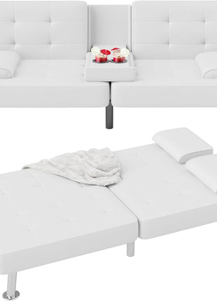 Modern Convertible Futon Sofa Bed with Recliner Lounge and Removable Armrests, Black PU Leather, Featuring Dual Cup Holders