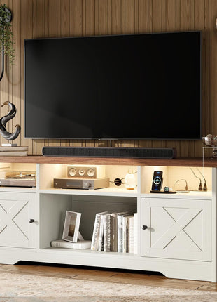 65-Inch Farmhouse TV Stand - Entertainment Center with Power Outlet, LED Lighting, and Storage Cabinets for Living Room and Bedroom in White Finish