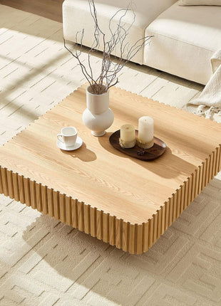 Handcrafted Square Wood Coffee Table with Fluted Design, Modern Center Table for Living Room, Perfect for Compact Spaces, Easy Assembly, 35.43" Ash Finish