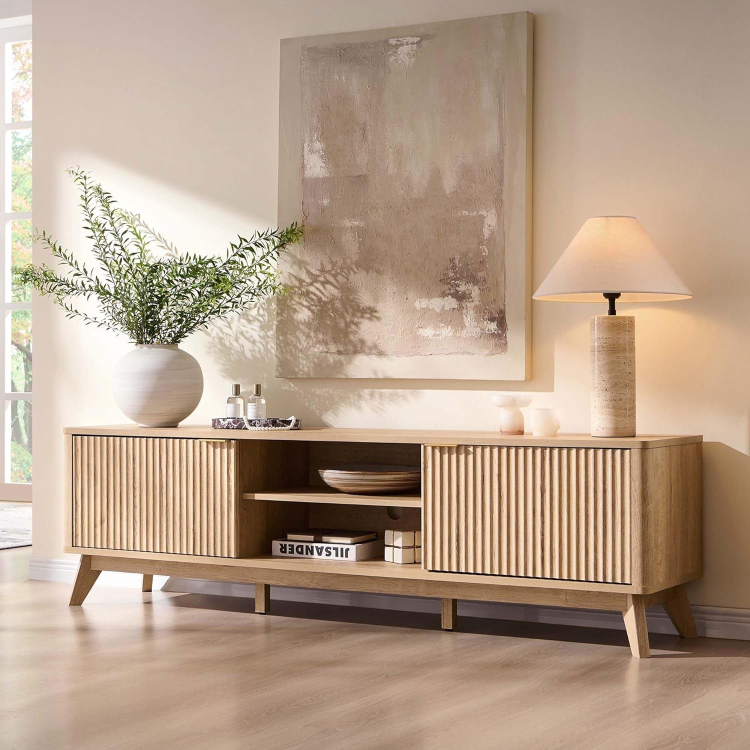 70" Mid Century Modern Fluted TV Stand, Entertainment Center, Sideboard, Media Console for Living Room with 2 Soft Close Door/Adjustable Shelves (Natural Oak)