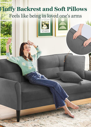 Elegant 69" Velvet Loveseat Sofa with 2 Pillows - Tool-Free Assembly, 700lb Capacity, Ideal for Small Living Spaces and Bedrooms in Charcoal
