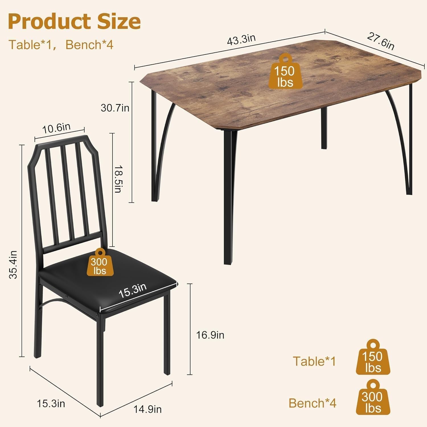 Dining Table Set for 4, Kitchen Table Set of 4 with Upholstered Cushion Chairs, Dining Room Table Set with Kitchen Chairs, Easy to Assemble, Suitable for Apartment - (Rustic Walnut)