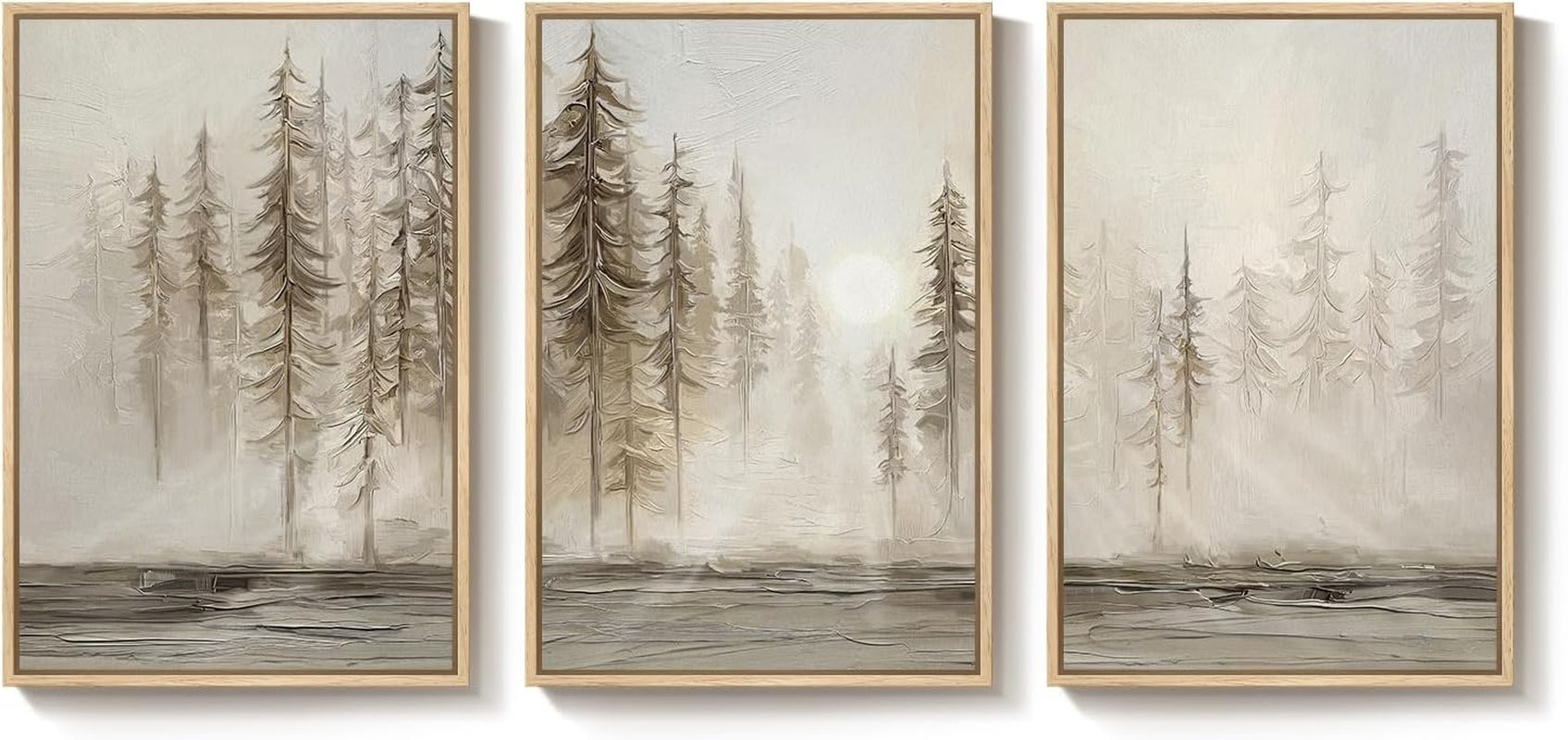 Framed Neutral Wall Art for Living Room, Large 3 Piece Abstract Pastel Grunge Forest Landscape Tree Canvas Artwork Set, Modern Art Decorative Nordic Painting Picture Prints for Hallway Office 24X36 In