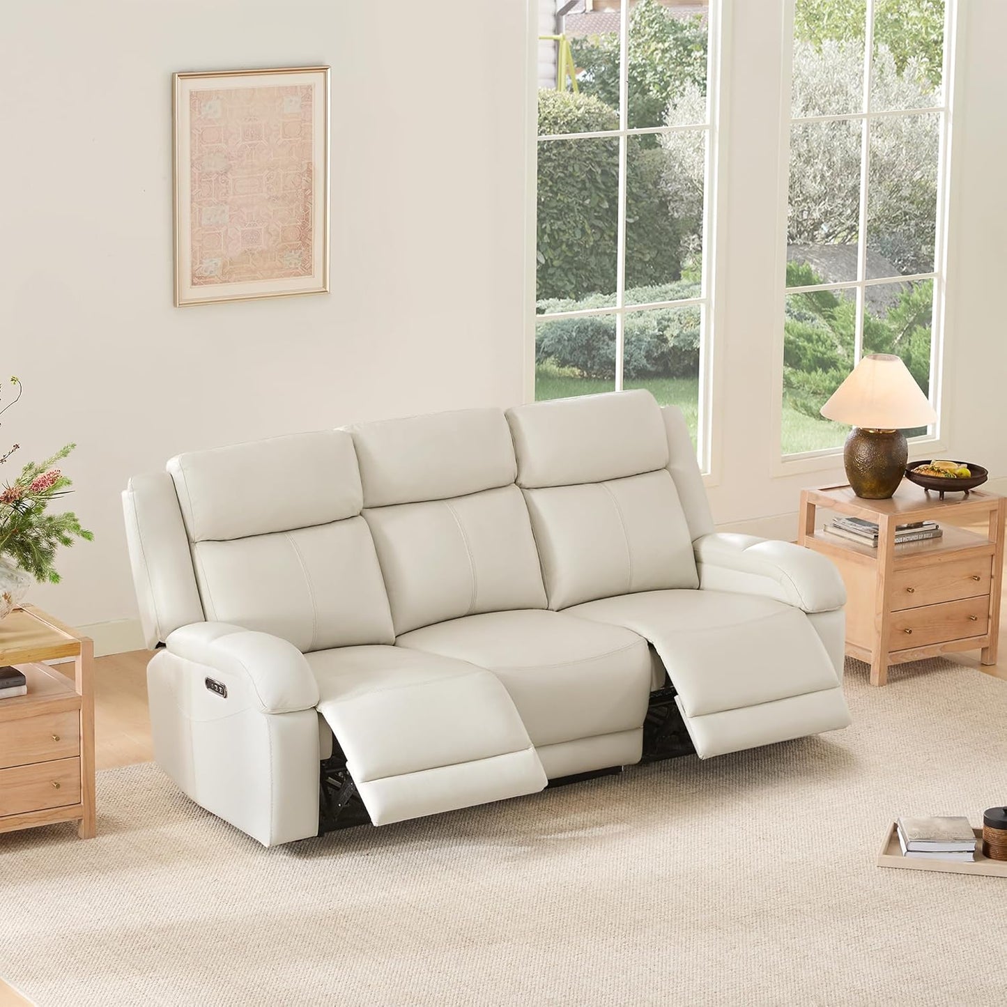 Genuine Leather Power Recliner Sofa, 3 Seater Wall Hugger Reclining Sofas with Power Headrest, USB & Typec Ports, Electric Recliner Couch Set for Living Room, Cream