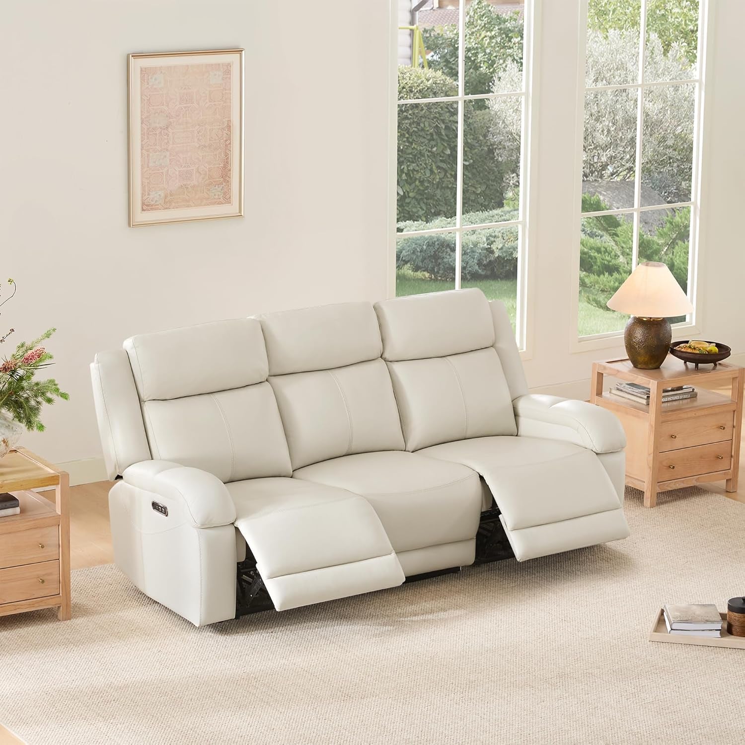 Genuine Leather Power Recliner Sofa, 3 Seater Wall Hugger Reclining Sofas with Power Headrest, USB & Typec Ports, Electric Recliner Couch Set for Living Room, Cream