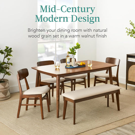 6-Piece Wooden Dining Set, Mid-Century Modern Table & Upholstered Chair Set W/Bench Seat, Rubberwood Legs - Walnut/Cream