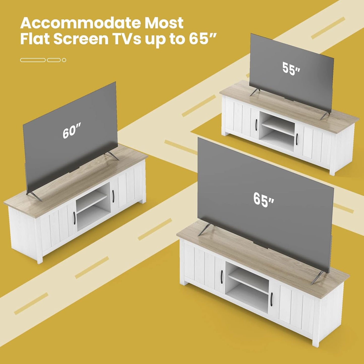 2 Doors TV Stand for Tvs up to 65”, 57” Media Console Table W/ 2 Cabinets & Open Shelves, 2 Cable Management Holes. Wood Entertainment Center Cabinet for Living Room (White Oak)