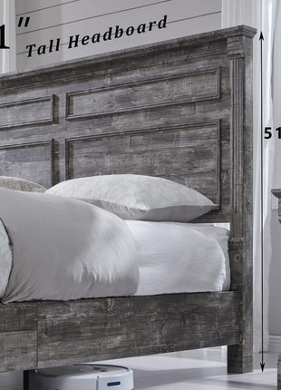 Farmhouse King Size Bed Frame with 51" Tall Headboard, Wood Platform Design, 20" Tall Roman Column Footboard, and 3 Spacious Storage Drawers - No Box Spring Required (Light Grey)