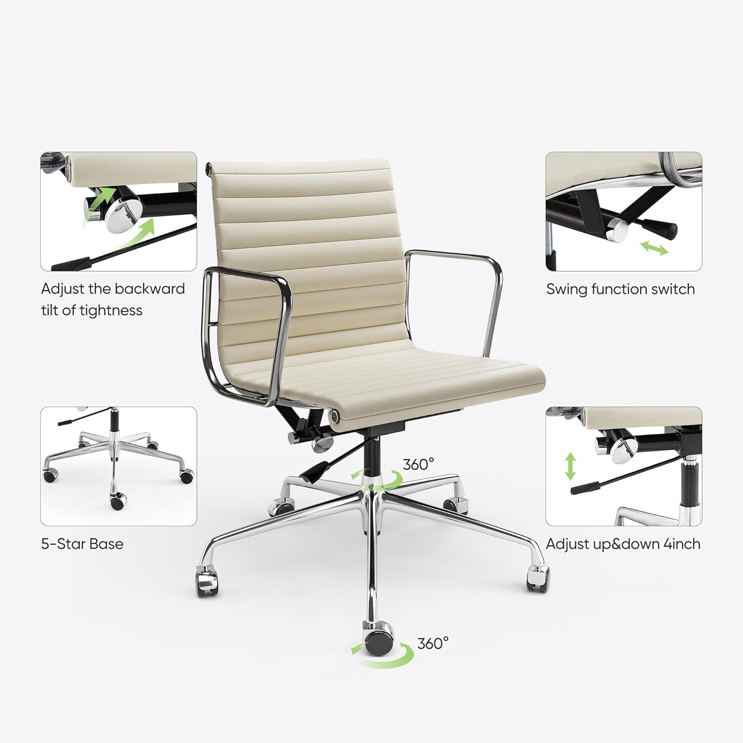 Ribbed Office Chair with Top Grain Leather - Mid Back Ergonomic Desk Chair with Aluminum Arms & Frame, Swivel Wheels & Tilt Function, Adjustable Height