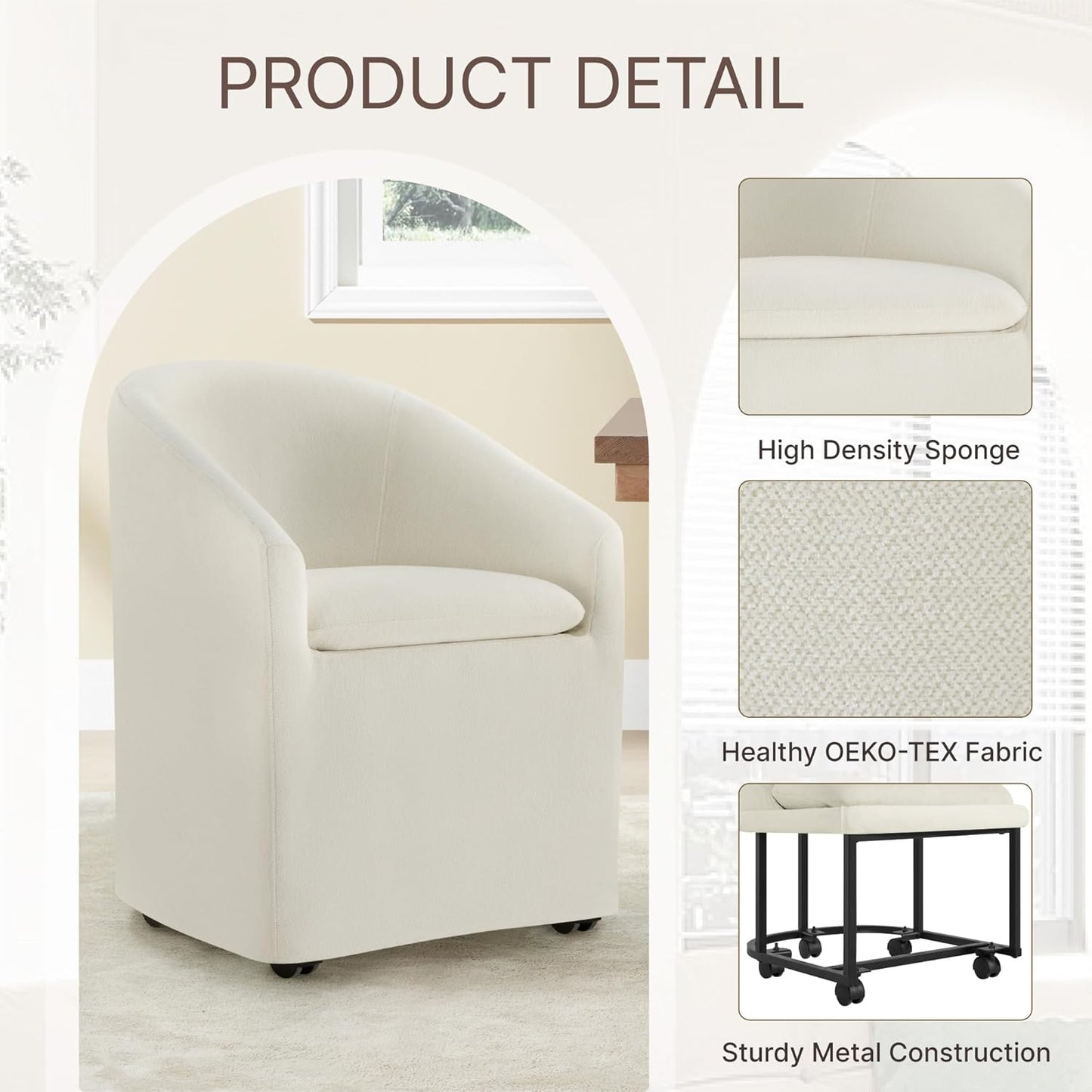 Upholstered Dining Chairs with Casters, Washable Cover Modern Dining Room Chairs with Barrel Backrest & Dual Armrest for Kitchen, Living Room, Bedroom, Linen Fabric, 4PCS