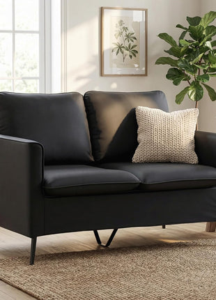 Mid-Century Modern Faux Leather Loveseat Sofa for Compact Spaces with Two Pillows, Perfect for Living Room, Bedroom, Apartment, Office, or Dorm (Black)