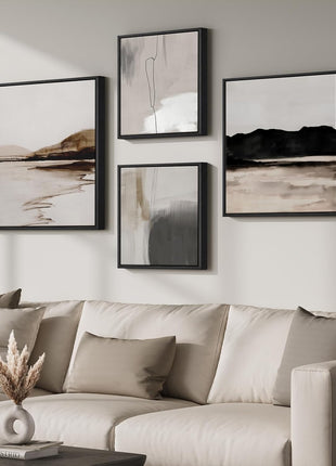 Framed Neutral Abstract Wall Art Set - 4-Piece Modern Landscape Canvas Prints for Home and Office Decor in Black and Gray