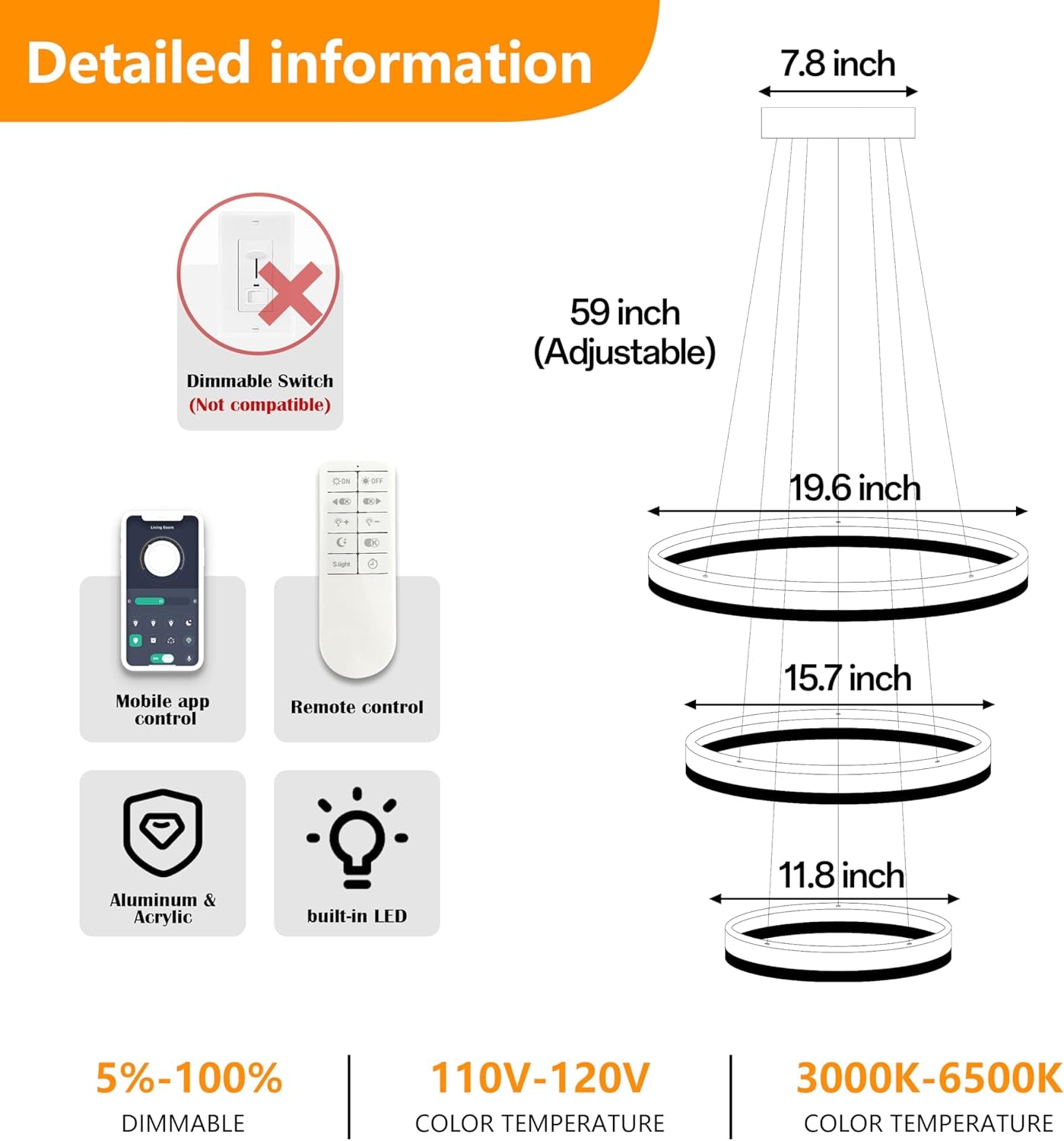 Modern Gold Led Chandelier 3 Rings Gold Dimmable LED Chandeliers Light Fixture for Kitchen Island Height Adjustable Chandelier Led Pendant Light for Dining Room Bedroom Living Room