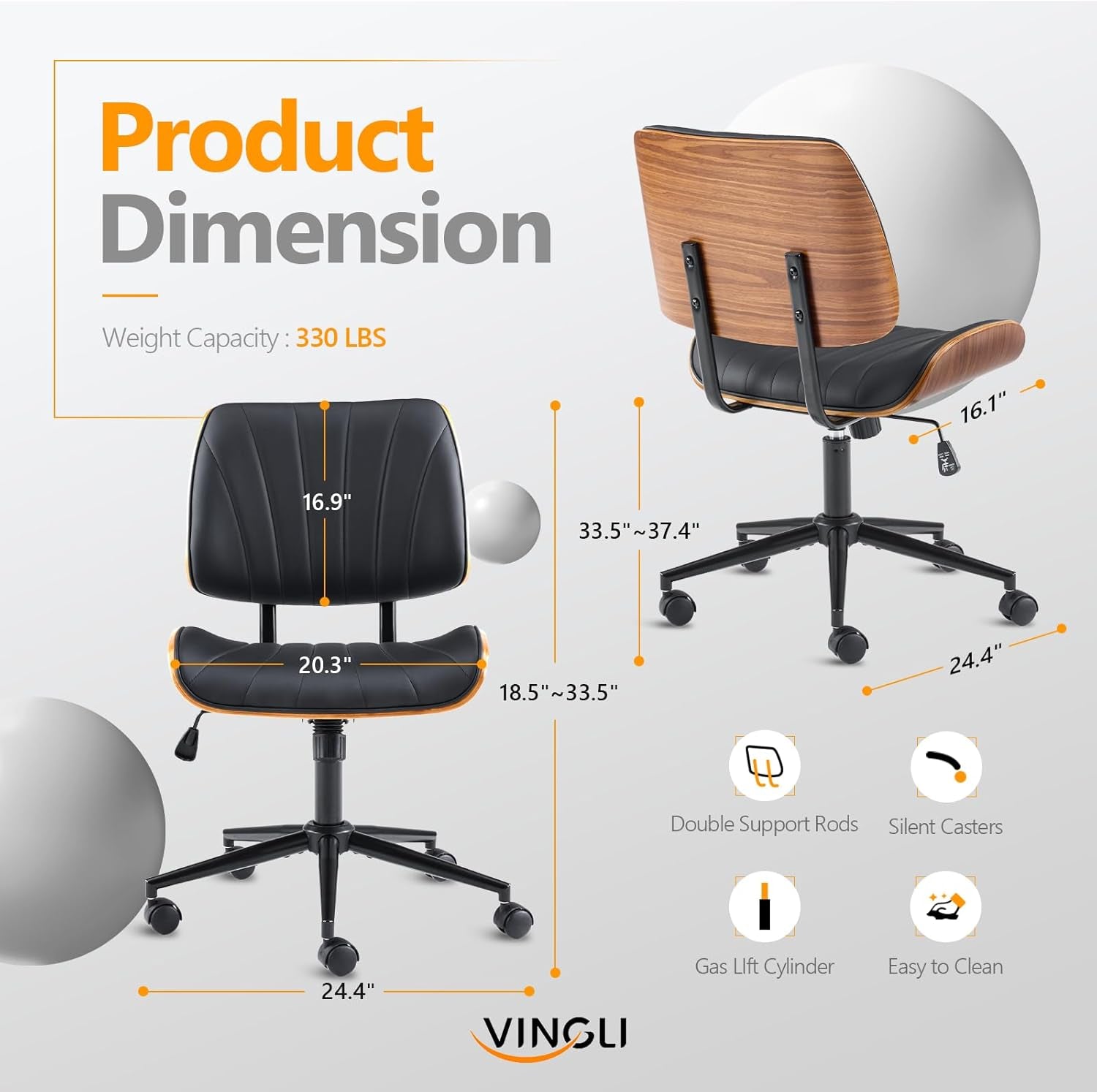 Wide Curved Seat&Back Armless Home Office Chair,Ergoromic Adjustable-Height Desk Chair,Swivel&Tilting Function,Stylish Walnut Task Chair for Meeing Room,Dining Room,Pu, Black