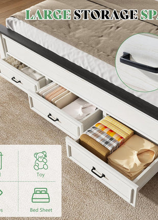 5-Piece Farmhouse Bedroom Set: King Size Bed Frame with 52.2" Headboard, 7-Drawer Dresser, 6-Drawer Tall Dresser, and Two Nightstands with Charging Station in White