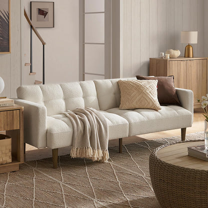 76.4" Futon Sofa Bed, Couch, Loveseat, Sleeper Sofa, Mid Century Modern Futon Couch, Sofa Cama, Couches for Living Room (Aaron, Pearl White Boucle)