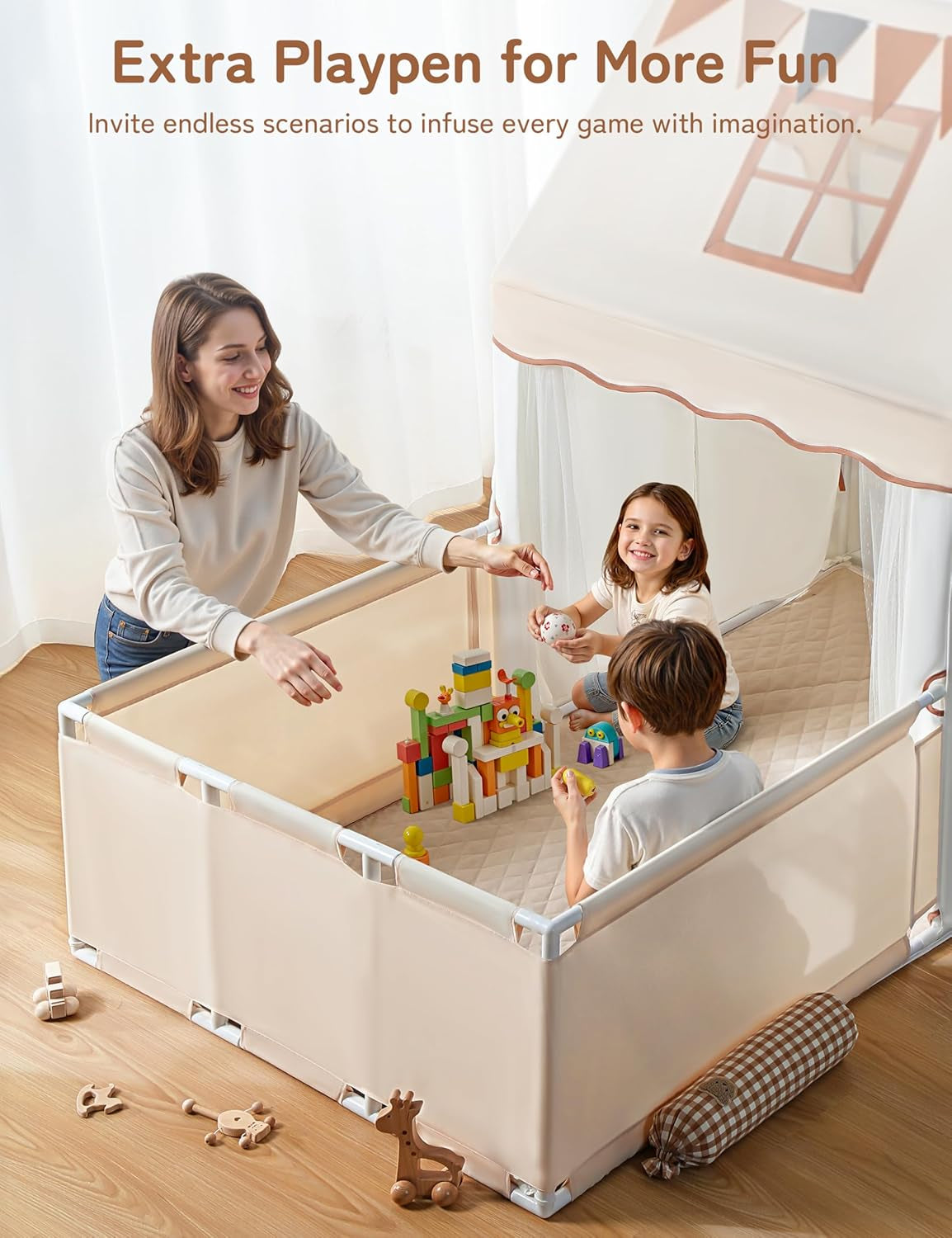 Kids Play Tent with Enclosure, Toddler Tent 2 in 1 with Padded Mat and Lights, Large Playhouse for Kids, Indoor & Outdoor, Christmas Toddler Playhouse, 69" X39" X 53"