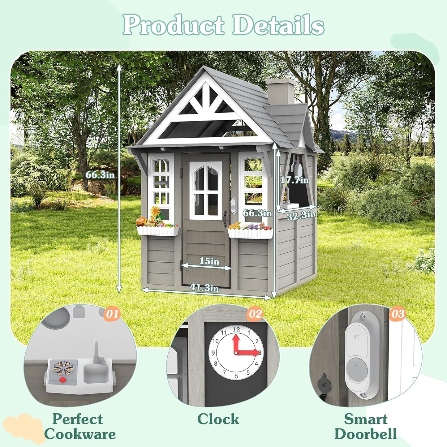 Kids Outdoor Cedar Playhouse, Weather-Resistant Gray Wooden Play House for Ages 3–8 with Play Kitchen, Working Doorbell, Toy Phone & Flowerpots — Durable Backyard Gift for Creative & Social Play