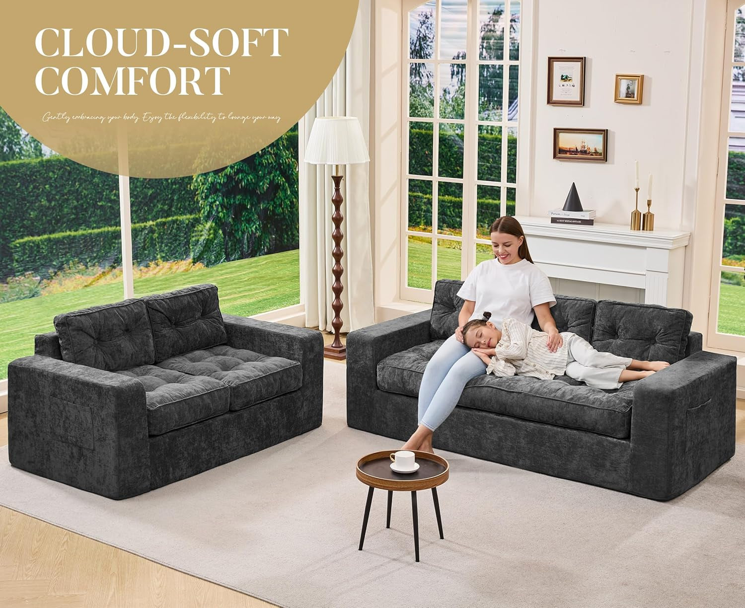 Sofa Couch Loveseat Sofa with Chenille Fabric 2-Seater Sofa for Small Spaces Comfortable Foam Floor Sofa 2 in 1 Boneless Couch for Living Room Bedroom Apartment or Office (Grey, Loveseat)