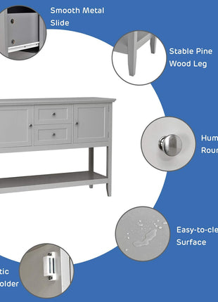 Grey Wood Buffet Sideboard with Storage Shelves, Drawers, and Cabinets for Living, Kitchen, and Dining Areas