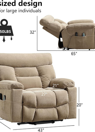 Dual Motor Power Lift Recliner Chair for Seniors – Extra Wide 27" Seat, 450 lbs Capacity, Infinite Position Adjustment, Heated Massage, Cup Holders, and USB Port in Camel Fabric