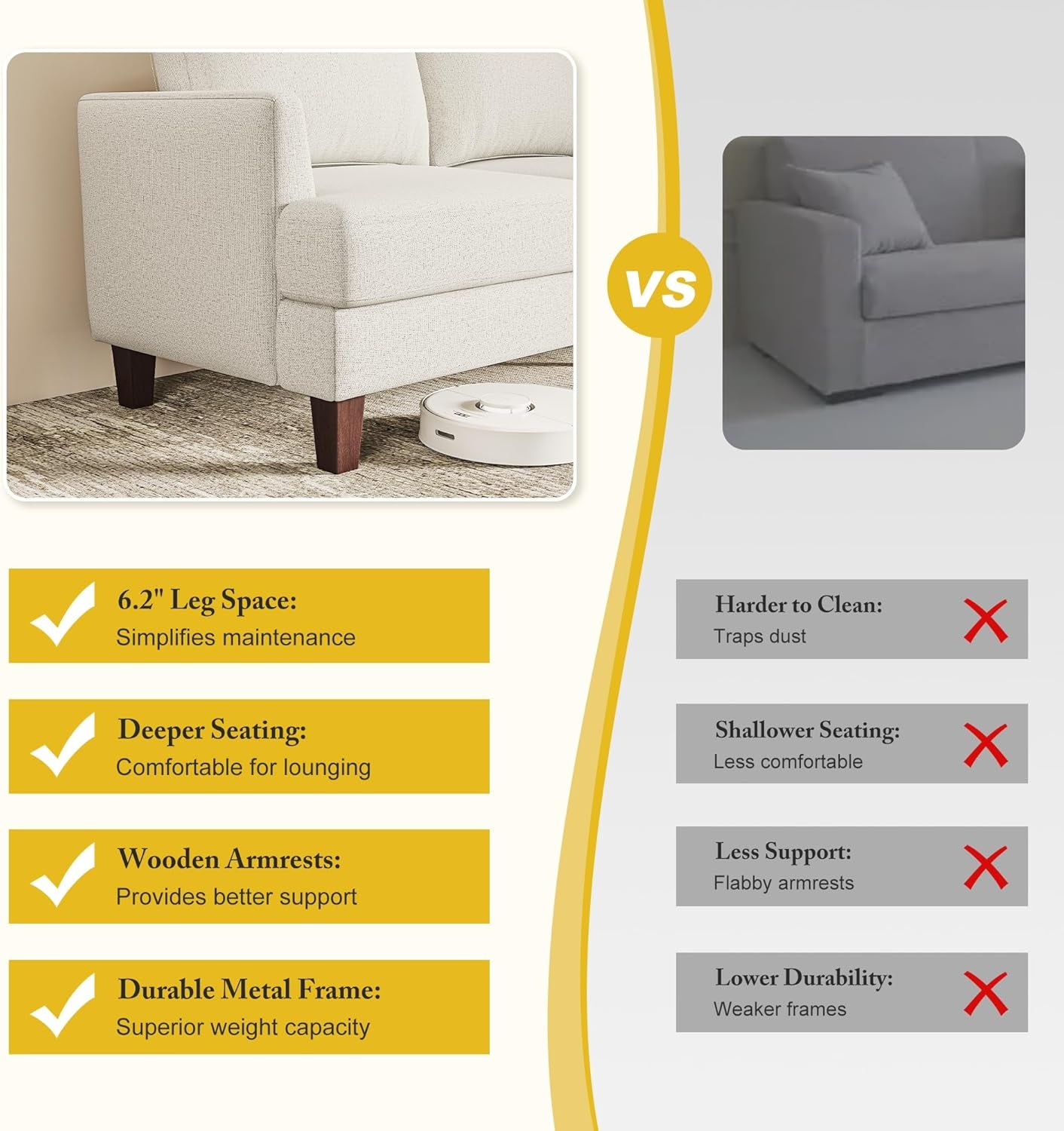 3 Seater Sofa Couch with Deep Seats, 89" Mid Century Modern Upholstered Sofa with Armrests, Comfy Couches for Living Room, Bedroom, Apartment and Office (Beige)