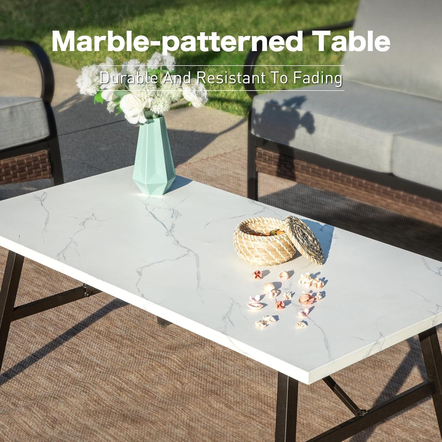 4 PCS Metal Outdoor Patio Furniture Set, Patio Conversation Sets 1 3-Seater Sofa, 2 Swivel Chairs with 5.75" Extra Thick Cushion & Coffee Table, Black Frame Backyard Furniture, Gray