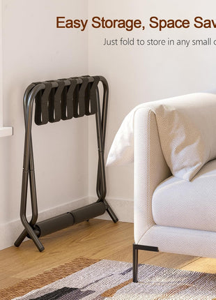 Set of 2 Foldable Luggage Racks with Storage Shelf, Metal Suitcase Stands for Guest Rooms and Hotels, Easy Assembly, Black HLR02BK