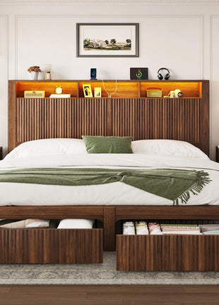 King Size Bed Frame with Headboard and Dual Storage Drawers, LED Lighting and Charging Port, Farmhouse Wavy Design, Wood and Metal Platform, Noise-Free, No Box Spring Required, Walnut Finish