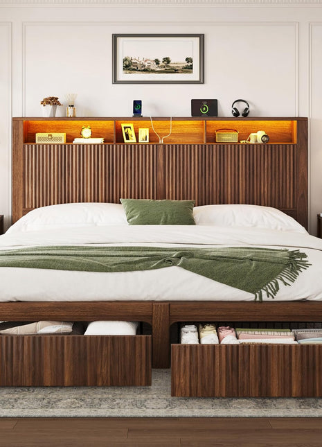 King Size Bed Frame with Headboard and Dual Storage Drawers, LED Lighting and Charging Port, Farmhouse Wavy Design, Wood and Metal Platform, Noise-Free, No Box Spring Required, Walnut Finish