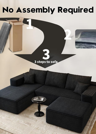 107.5" Modern Minimalist Cloud Modular Sectional Sofa with Ottoman, U-Shaped Deep Seat Corner Couch for Living Room, No Assembly Required (Black, Left Facing Chaise)