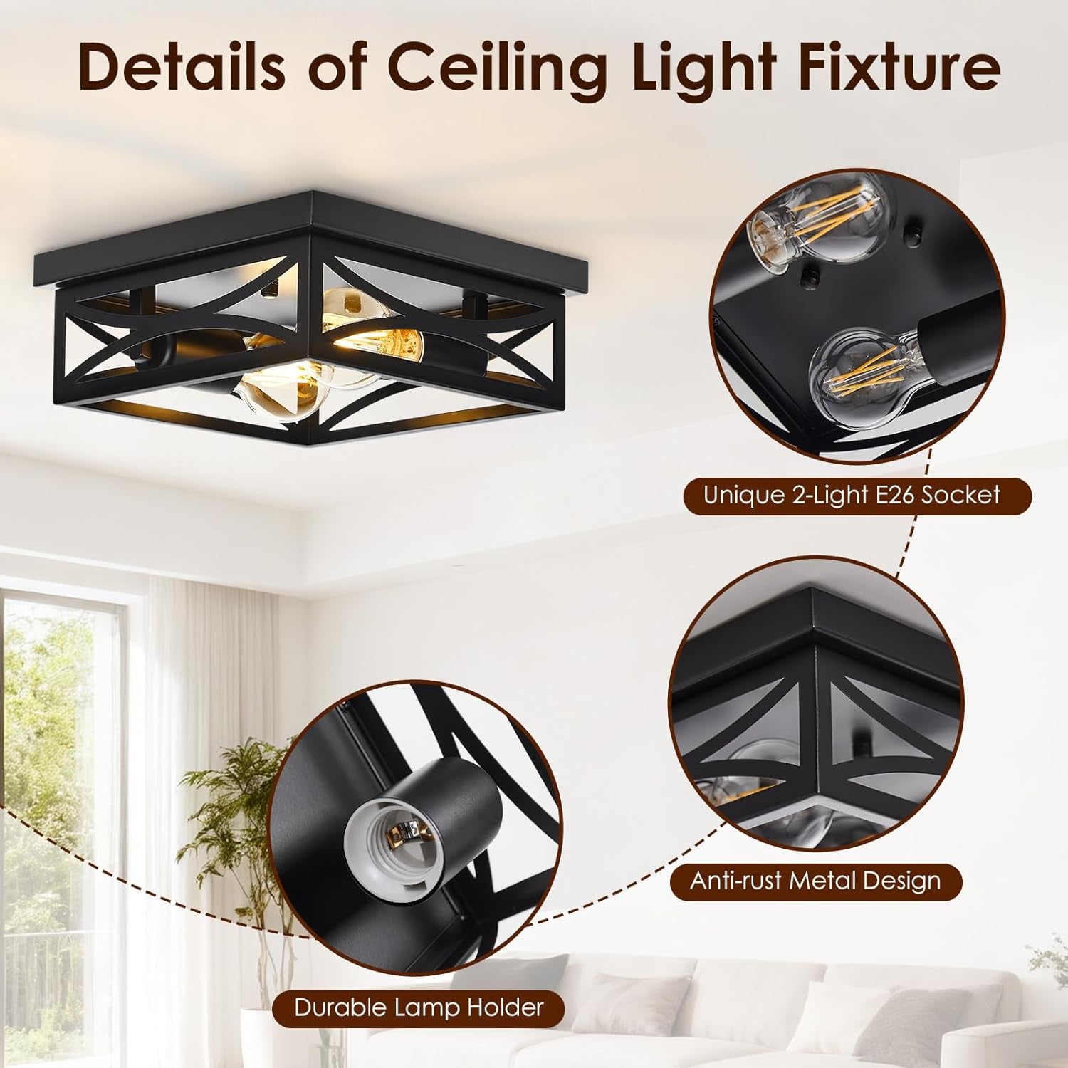 Ceiling Light, Farmhouse Flush Mount Ceiling Light, 2-Light Light Fixtures Ceiling Mount, Modern Square Black Light Fixture, Kitchen Lighting Fixtures Ceiling,Bedroom,Balcony