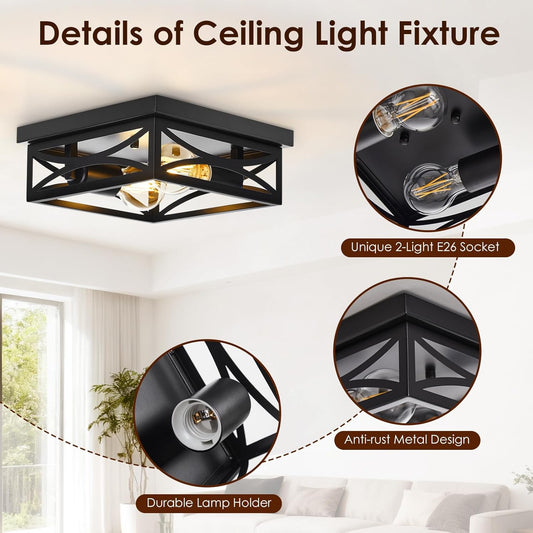 Ceiling Light, Farmhouse Flush Mount Ceiling Light, 2-Light Light Fixtures Ceiling Mount, Modern Square Black Light Fixture, Kitchen Lighting Fixtures Ceiling,Bedroom,Balcony